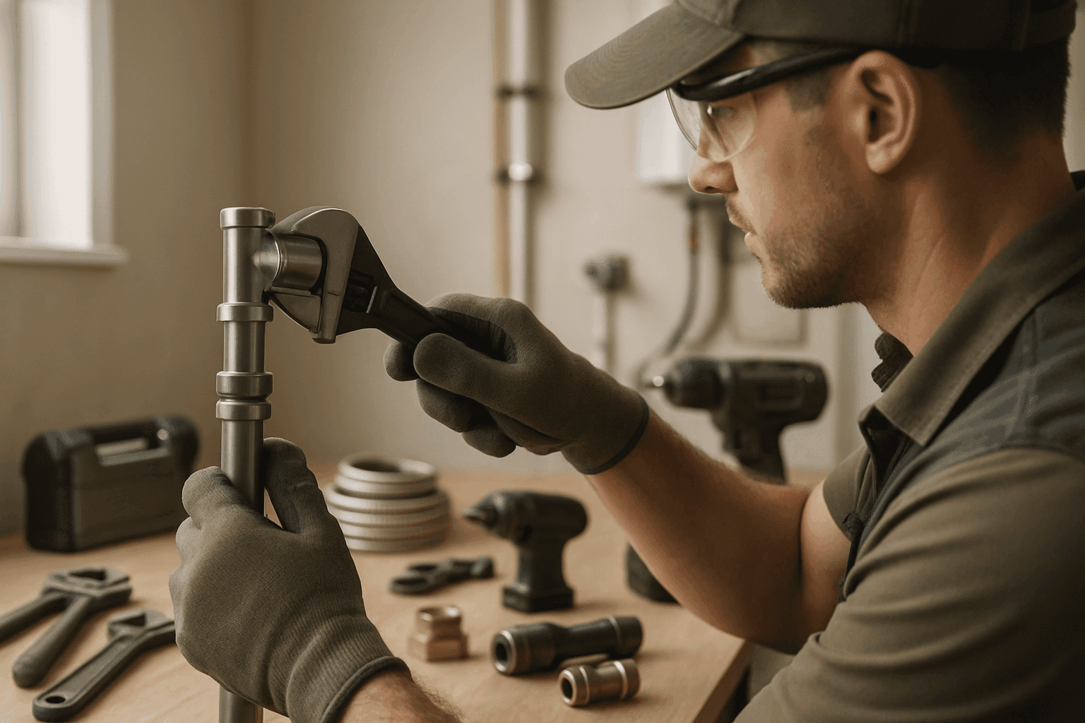 Plumber wearing gloves and safety goggles adjusting a pipe fitting in a clean workspace